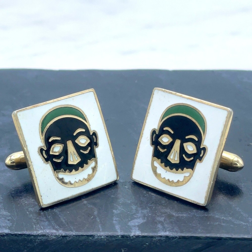 Vintage Swank Tribal Mask White Black Green Enamel Gold Bullet Back Cufflinks